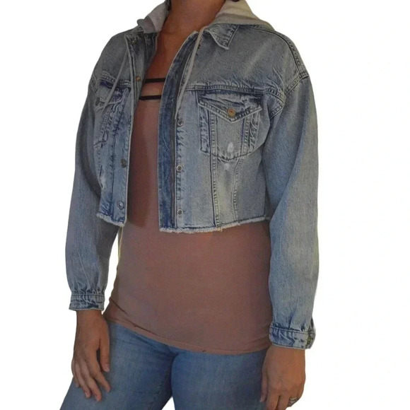 American Eagle Women's XS Distressed Denim Hooded Jacket - Picture 1 of 7